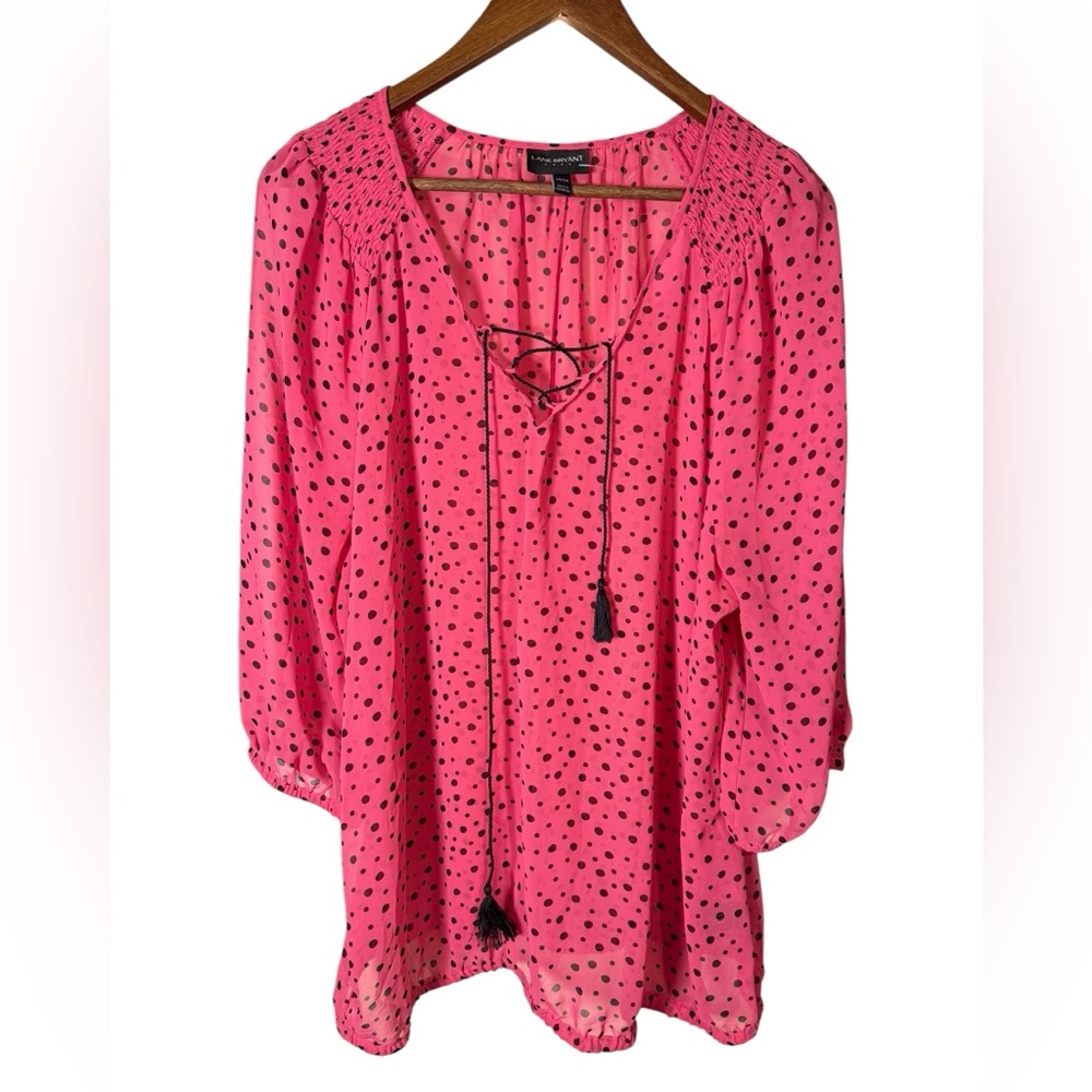 Lane Bryant Sheer Top 14/16 Hot Pink Black Polka Dot Lace Balloon Sleeve Blouse